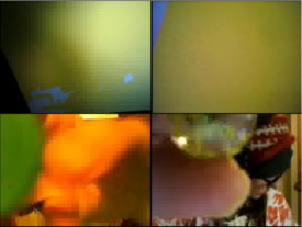 HELEN VARLEY JAMIESON (participant)
A performance screened at the HTTP gallery, London. Performers in Paris, Madrid, Hailuoto & Wellington were given a colour, and had four objects corresponding to one each of the colours. Our task was to perform sound whenever our colour appeared in someone's web cam. We could choose which colour to show when, but we should try to listen to the piece, not to have one colour dominating, & not to show our selves.
