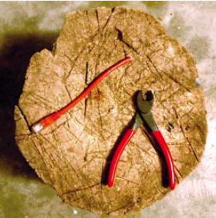 A tree stump with a pair of pliers and a paint brush.