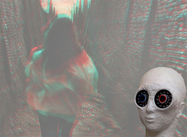A woman walking down an ally. A plaster alien mask is watching her.