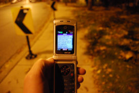 CAROLINE McCAW with many participants, 2004
Testing 1…2…3… was a public artwork event in three Dunedin inner city locations with live text messaging reviews. Unlike the earlier picnic events, visitors could physically walk to each of the three locations, and send and receive text message reviews throughout the period of the event.